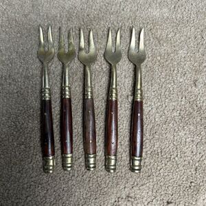 Vintage Lot of 5 Thailand Brass and Teakwood Mini Forks Flatware